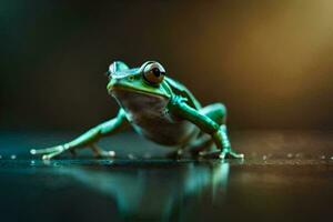 une grenouille est permanent sur ses de derrière jambes. généré par ai photo