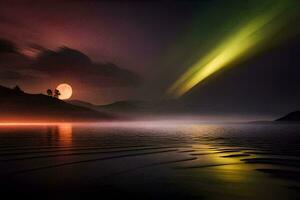 une brillant vert aurore lumières en haut le ciel plus de une lac. généré par ai photo