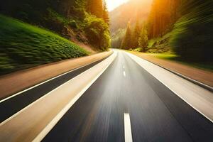 une floue image de une route dans le les bois. généré par ai photo