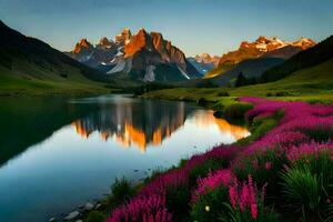 le montagnes sont réfléchi dans le l'eau. généré par ai photo