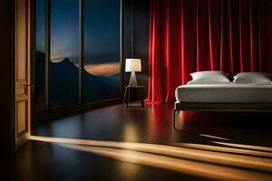 une chambre avec une lit et une fenêtre surplombant le montagnes. généré par ai photo
