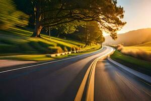 une voiture conduite vers le bas une pays route à le coucher du soleil. généré par ai photo