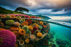 une corail récif avec coloré coraux et des arbres. généré par ai photo