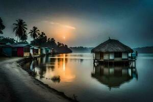 une petit cabane est assis sur le rive de une Lac à le coucher du soleil. généré par ai photo