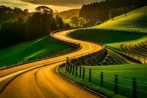 une enroulement route dans le campagne à le coucher du soleil. généré par ai photo