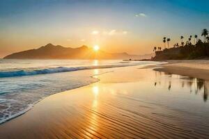 le Soleil monte plus de le océan et le plage dans cette photo. généré par ai photo