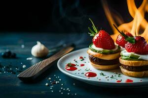 deux hamburgers avec des fraises et fromage sur une plaque. généré par ai photo