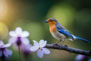 une bleu et Orange oiseau est perché sur une branche. généré par ai photo