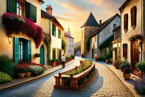 une rue avec fleurs et bâtiments dans le milieu de une village. généré par ai photo