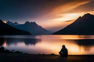 une homme séance sur le rive de une Lac à le coucher du soleil. généré par ai photo