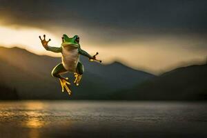 une grenouille sauter dans le air à le coucher du soleil. généré par ai photo