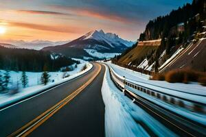 une route dans le montagnes avec neige et des arbres. généré par ai photo