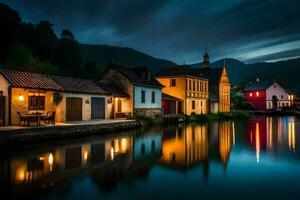 photo fond d'écran le ciel, nuit, eau, Maisons, rivière, village, L'Europe , le. généré par ai