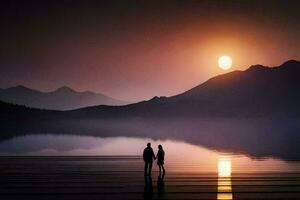 une couple permanent sur le rive de une Lac à le coucher du soleil. généré par ai photo
