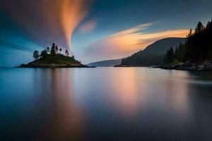 une magnifique le coucher du soleil plus de le océan avec une nuage dans le ciel. généré par ai photo