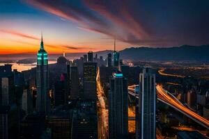 le ville horizon à le coucher du soleil dans Hong Kong. généré par ai photo