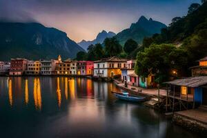 coloré Maisons sur le l'eau à crépuscule dans le montagnes. généré par ai photo