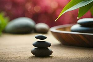 Zen des pierres sur une table avec une bambou plante. généré par ai photo