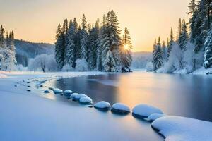 une rivière dans le hiver avec neige couvert des arbres. généré par ai photo