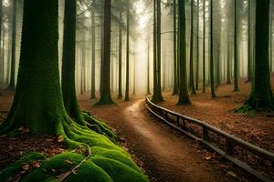 une chemin par une forêt avec moussu des arbres. généré par ai photo