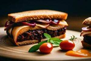 une sandwich avec Viande, oignons et tomates. généré par ai photo