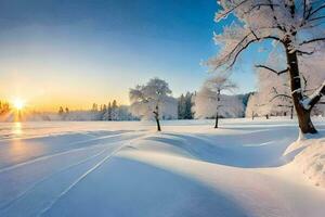 une neigeux paysage avec des arbres et le Soleil paramètre. généré par ai photo