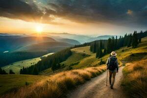 une homme avec une sac à dos des promenades vers le bas une chemin dans le montagnes. généré par ai photo