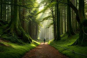 une la personne en marchant vers le bas une chemin dans le milieu de une forêt. généré par ai photo