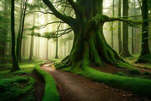 une chemin par une vert forêt avec une arbre. généré par ai photo