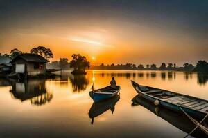deux bateaux asseoir sur le l'eau à le coucher du soleil. généré par ai photo