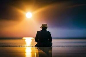 une homme dans une chapeau séance sur le plage à le coucher du soleil. généré par ai photo