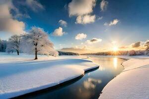 une rivière dans le neige. généré par ai photo