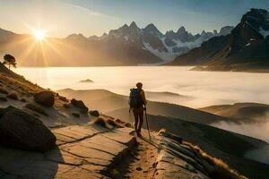 une la personne randonnée dans le montagnes à lever du soleil. généré par ai photo