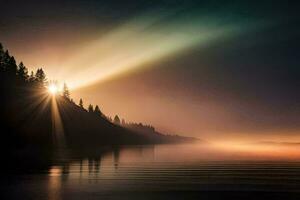 lumière du soleil brillant plus de une Lac et des arbres. généré par ai photo