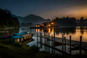 photo fond d'écran le ciel, eau, bateaux, Dock, lac, montagnes, loger, le maison. généré par ai