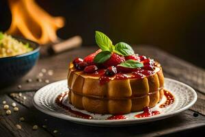 une dessert avec baies et cannelle sur une plaque. généré par ai photo