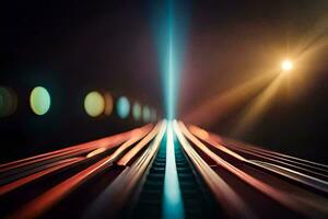 une train Piste avec lumières et une brillant lumière. généré par ai photo