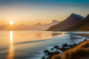 le Soleil monte plus de le montagnes et plage dans cette photo. généré par ai photo