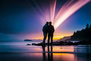 deux gens permanent sur le plage à le coucher du soleil avec une brillant lumière à venir de le ciel. généré par ai photo