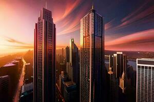 une ville horizon à le coucher du soleil avec grand bâtiments. généré par ai photo