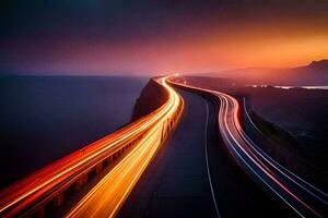 une longue exposition photographier de une Autoroute avec voitures conduite sur il. généré par ai photo