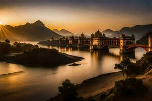 le Soleil monte plus de le pont dans Inde. généré par ai photo