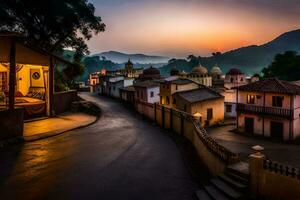 une village à le coucher du soleil avec une route de premier plan à il. généré par ai photo