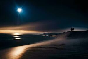 deux gens supporter sur le le sable à nuit. généré par ai photo