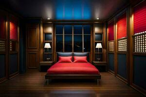 une chambre avec rouge lit et en bois lambris. généré par ai photo