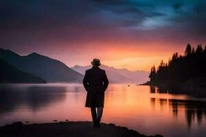 une homme dans une chapeau et manteau des stands sur le rive de une Lac à le coucher du soleil. généré par ai photo