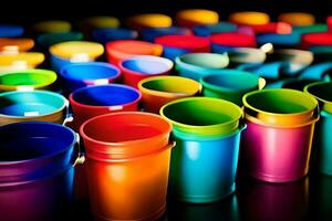 beaucoup coloré Plastique tasses sont arrangé dans une ligne. généré par ai photo