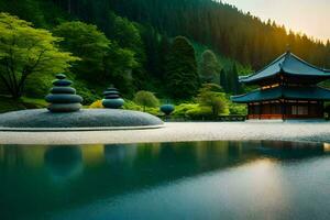 une Japonais pagode dans le milieu de une lac. généré par ai photo