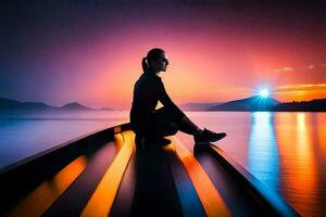 une femme séance sur le bord de une bateau à le coucher du soleil. généré par ai photo