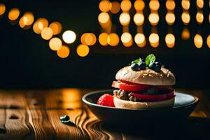 une Hamburger avec baies et tomates sur une plaque. généré par ai photo